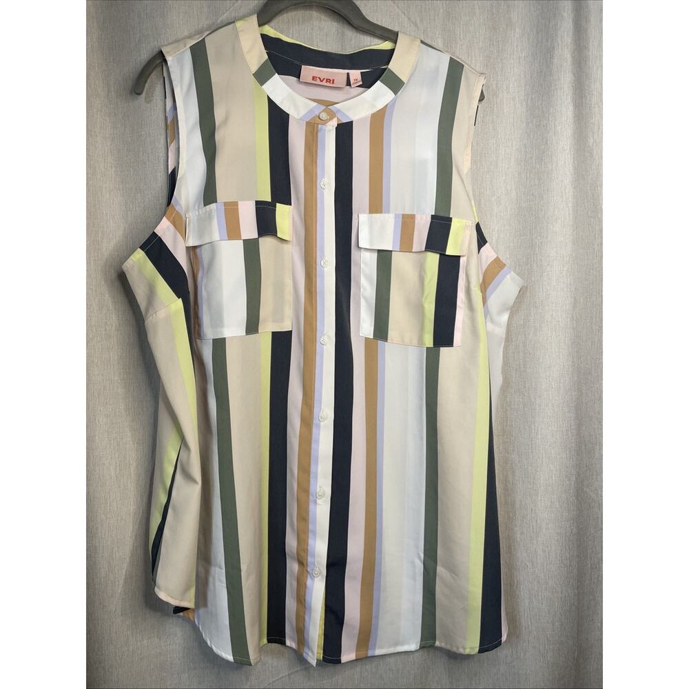 Evri Women’s Multi Color Striped Sleeveless Top - Crew Neck - Size 1X - Pockets